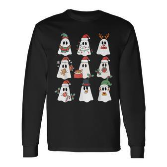 Cute Ghost Spooky Christmas Santa Hat Family Pajama Long Sleeve T-Shirt | Mazezy