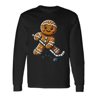 Cute Gingerbread Man Hockey Player Hockey Christmas Kid Boys Long Sleeve T-Shirt | Mazezy