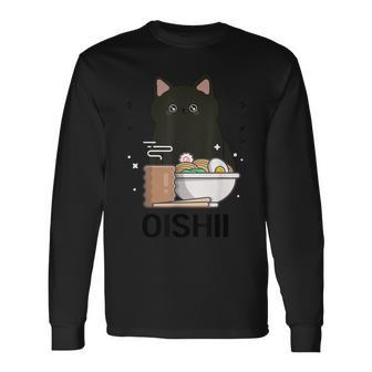 Cute Kawaii Cat Eats Ramen Noodle Kawaii Aesthetic Long Sleeve T-Shirt - Thegiftio