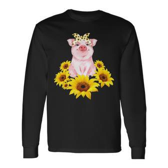 Cute Piggy With Sunflower Tiny Pig With Bandana Long Sleeve T-Shirt | Mazezy