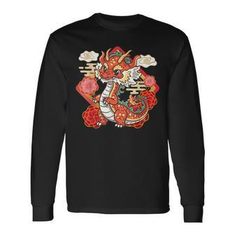 Cute Red Chinese New Year Of The Dragon 2024 Lunar Zodiac Long Sleeve T-Shirt - Seseable
