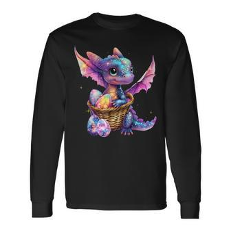 Cute Space Dragon Collecting Easter Eggs Basket Galaxy Theme Long Sleeve T-Shirt | Mazezy