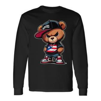 Cute Teddy Bear Puerto Rico Flag Boricua Puerto Rican Long Sleeve T-Shirt - Seseable
