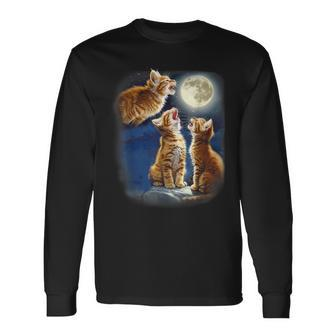 Cute Three Cat 3 Cat Moon Howling 3 Wolfs Kitten Long Sleeve T-Shirt - Seseable