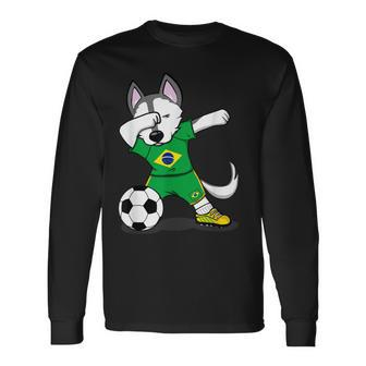 Dabbing Husky Brazil Football Fans Jersey Brazilian Soccer Long Sleeve T-Shirt - Monsterry AU