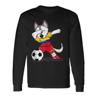 Dabbing Husky Venezuela Football Venezuelan Flag Soccer Long Sleeve T-Shirt - Monsterry DE