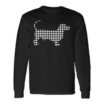 Dachshund Weenie Dog Houndstooth Pattern Black White Long Sleeve T-Shirt - Monsterry