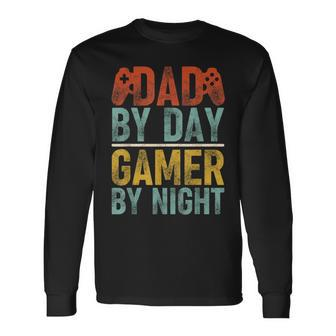 Dad By Day Gamer By Night Video Games Father's Day Retro Long Sleeve T-Shirt - Seseable