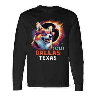 Dallas Texas Total Solar Eclipse 2024 Corgi Dog Long Sleeve T-Shirt | Mazezy