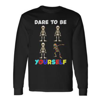 Dare To Be Yourself Autism Awareness Dabbing Skeleton Long Sleeve T-Shirt - Monsterry DE