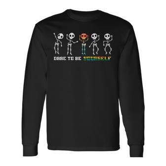 Dare To Be Yourself Be Different Lgbt Pride Skeleton Skull Long Sleeve T-Shirt - Monsterry DE