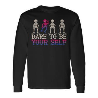 Dare To Be Yourself Skeleton Dance Transgender Trans Pride Long Sleeve T-Shirt - Monsterry UK