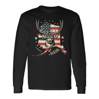 Deer Hunting American Flag Hunter Alaska Vintage Long Sleeve T-Shirt - Monsterry UK