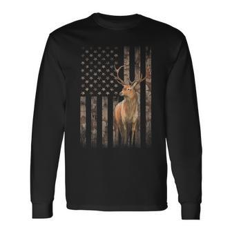 Deer Hunting Whitetails Hunter Dad Camouflage American Flag Long Sleeve T-Shirt - Monsterry