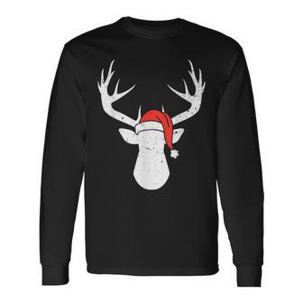 Deer With Santa Hat Christmas Pajama Hunting Hunter Xmas Long Sleeve T-Shirt | Mazezy