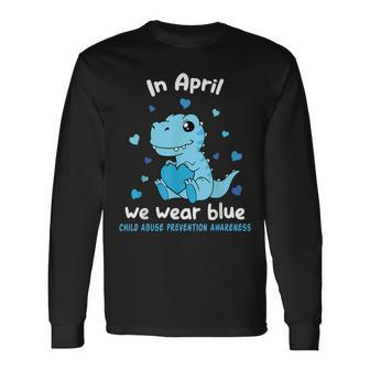 Dino In April We Wear Blue Child Abuse Prevention Awareness Long Sleeve T-Shirt | Mazezy