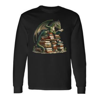 Distressed Bookworm Dragons Reading Book Dragons And Books Long Sleeve T-Shirt - Thegiftio UK