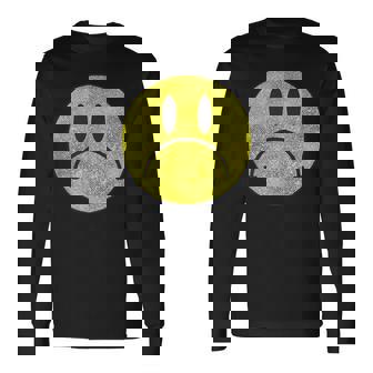 Distressed Frowny Anti Smile Grumpy Sad Face Long Sleeve T-Shirt - Thegiftio