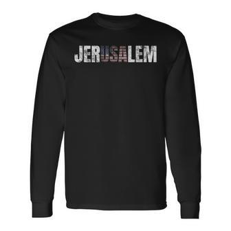 Distressed Jerusalem Jewish Israeli American Flag Long Sleeve T-Shirt - Monsterry