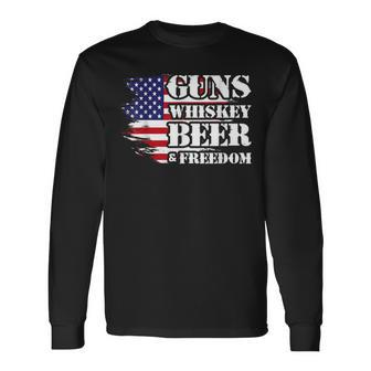 Distressed Patriotic Flag Guns Whisky Beer Freedom Long Sleeve T-Shirt - Monsterry DE
