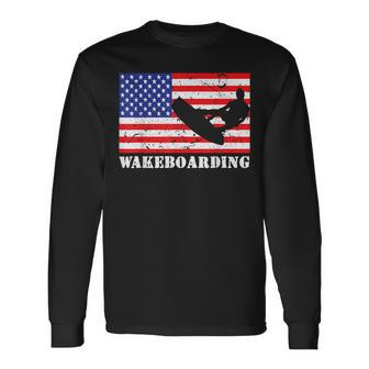 Distressed Wakeboarding Usa American Flag Vintage Wakeboard Long Sleeve T-Shirt - Monsterry UK