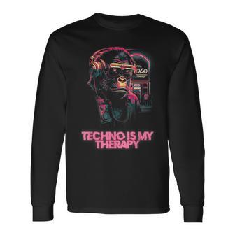 Divertido Mono Divertido Con Auriculares Club Techno Music Camiseta de manga larga - Regaloses