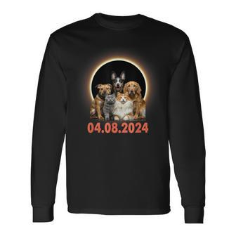 Dogs Cats Lovers Selfie Total Solar Eclipse April 8 2024 Long Sleeve T-Shirt | Mazezy