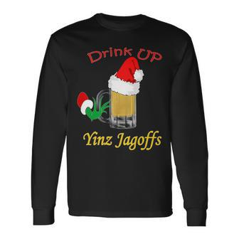 Drink Up Yinz Jagoffs Beer With Santa Hat Pittsburgh Theme Long Sleeve T-Shirt - Monsterry DE