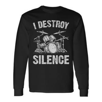 Drummer I Destroy Silence Drumming Vintage Drumset Drum Set Long Sleeve T-Shirt - Monsterry CA