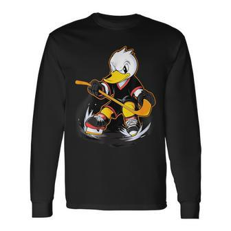 Duck Ice Hockey Player Hockey Stick Goalie Long Sleeve T-Shirt - Seseable