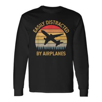 Easily Distracted By Airplanes Vintage Retro Long Sleeve T-Shirt - Monsterry CA