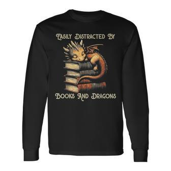 Easily Distracted By Books & Dragons Bookworm Reading Long Sleeve T-Shirt - Seseable