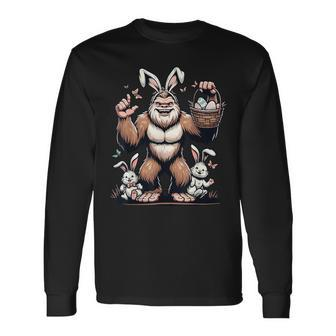 Easter Bigfoot With Bunny & Egg Basket Festive Celebration Long Sleeve T-Shirt - Monsterry CA