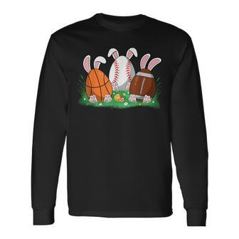 Easter Boys Baseball Basketball Football Bunny Eggs Long Sleeve T-Shirt - Seseable