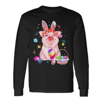 Easter Bunny Spring Pig Bow Egg Hunting Basket Colorful Long Sleeve T-Shirt - Monsterry