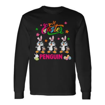 Easter Penguin Three Cute Bunny Penguins Hunting Eggs Basket Long Sleeve T-Shirt - Monsterry CA