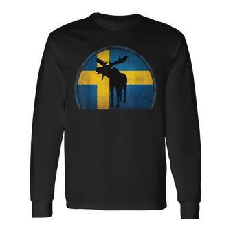 Elk Sweden Flag Scandinavia Retro Langarmshirts - Seseable