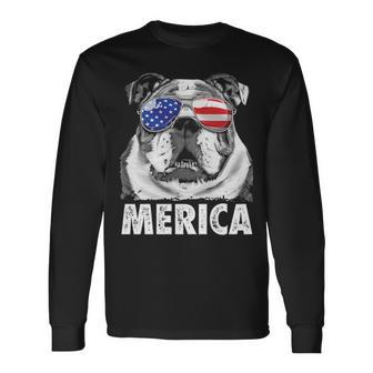English Bulldog 4Th Of July Merica Usa Flag Retro Long Sleeve T-Shirt | Mazezy