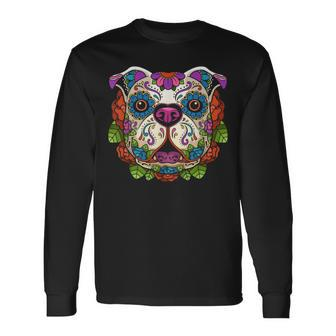 English Bulldog Sugar Skull Dog Calavera Dia De Los Muertos Long Sleeve T-Shirt - Monsterry UK