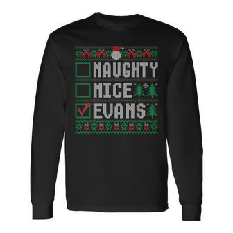 Evans Family Name Xmas Naughty Nice Evans Christmas List Long Sleeve T-Shirt - Seseable