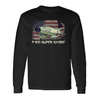 F100 Super Sabre Jet Fighter Plane American Flag Pilot Vet Long Sleeve T-Shirt - Monsterry UK