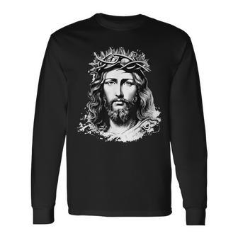 Face Of Jesus Christ Crown Of Thorns Catholic Faith Long Sleeve T-Shirt - Seseable