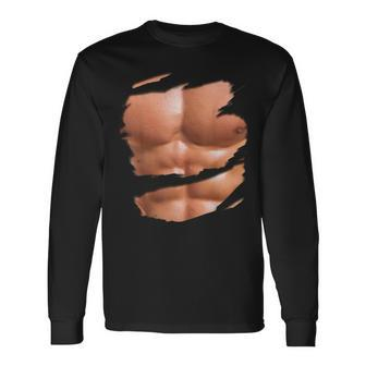 Fake Muscle Under Clothes Chest Six Pack Abs Long Sleeve T-Shirt - Thegiftio UK