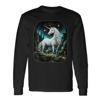 Fantasy White Unicorn Standing In Forest Stars Long Sleeve T-Shirt - Seseable