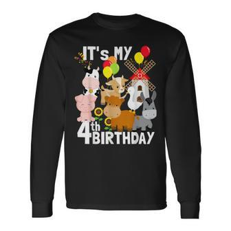 Farm Animals 4 Year Old It's My 4Th Birthday Party Farm Long Sleeve T-Shirt - Monsterry