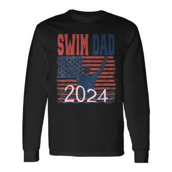 Father's Day 4Th Of July Swim Dad 2024 American Us Flag Long Sleeve T-Shirt - Thegiftio UK