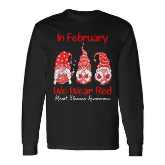 In February We Wear Red Three Gnomes Heart Disease Awareness Long Sleeve T-Shirt - Thegiftio UK