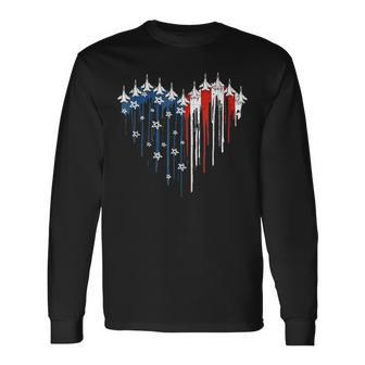 Fighter Jet Airplane American Flag Heart 4Th Of July Retro Long Sleeve T-Shirt - Seseable
