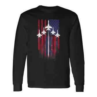 Fighter Jet Airplane American Flag Patriotic 4Th Of July Long Sleeve T-Shirt | Mazezy UK