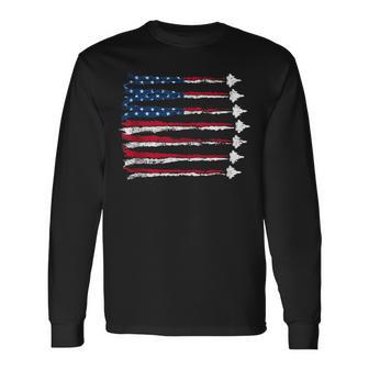 Fighter Jet Airplane Usa Flag 4Th Of July Patriotic Mens Long Sleeve T-Shirt - Monsterry